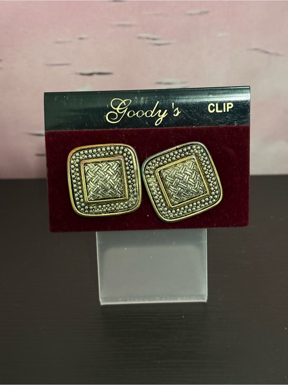 Vintage Goodys square clip on earrings two tone mesh pattern. New old stock.